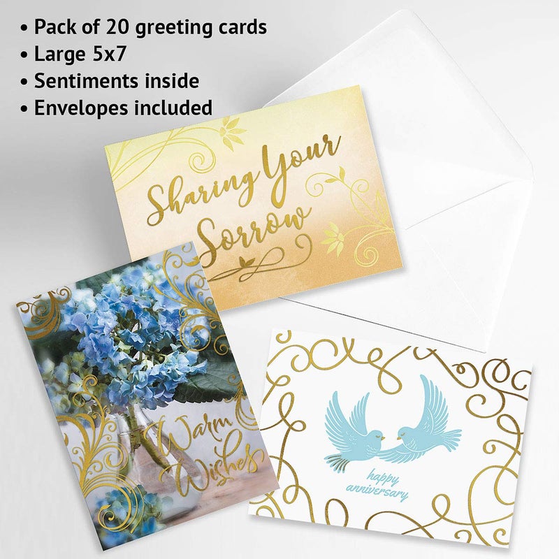 Current Deluxe Foil All Occasion Value Pack - 20 Cards With Envelopes, Celebration, Get Well, Sympathy, Birthday, Anniversary & Thinking of You Variety, Large 5" x 7" Assortment, 10 Design Set - Image 2